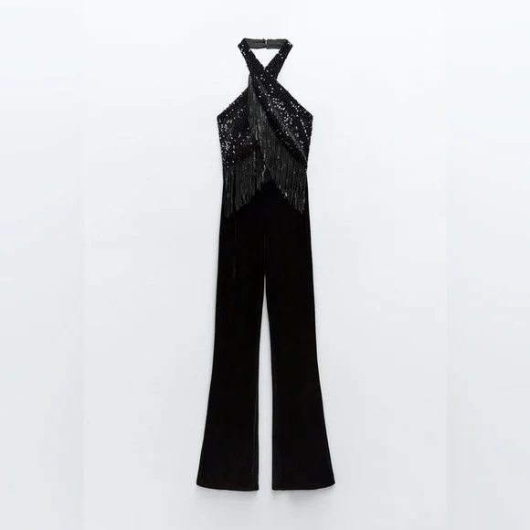 NEW ZARA FRINGED SEQUIN HALTER NECK JUMPSUIT